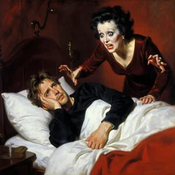 willem dafoe is in his bed, nervous and terrified, because betty white from hell is attacking him. highly detailed painting by gaston bussiere, j. c. leyendecker, greg rutkowski, craig mullins 8 k
