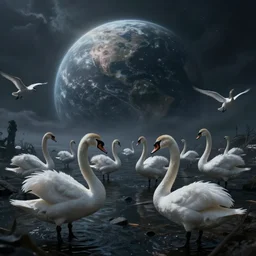 nightmarish visions of anthropomorphic swans invading planet earth, biblical, epic, dark, nightmare