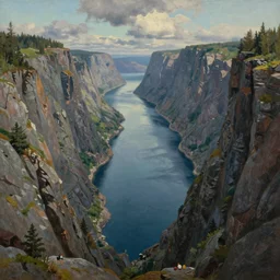 fjord, a long, narrow, deep inlet of the sea between high cliffs, extremely detailed oil painting, unreal 5 render, rhads, sargent and leyendecker, savrasov levitan polenov, bruce pennington, studio ghibli, tim hildebrandt, digital art, landscape painting, octane render, beautiful composition, trending on artstation, award winning photograph, masterpiece
