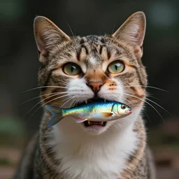 cat with fish inside its mouth, cute, innocent, stylized, artgerm, artstation, hd, cgsociety, cgi, realistic, dramatic, cinematic, artistic, trending, detailed