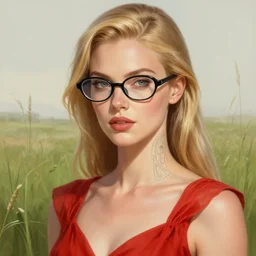 portrait of a woman with black oval glasses, blonde - hair, red summer dress, grass field background, sci - fi, techwear, intricate, elegant, highly detailed, digital painting, artstation, concept art, smooth, sharp focus, illustration, by anato finnstark, boissb - blanca. j, cindy avelino, clint cearley, anna podedworna