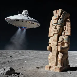 ancient precolumbian spaceship and astronaut landing on the moon, aztec statue,