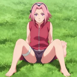 portrait of Sakura Haruno from Naruto sitting on the grass barefoot with her legs spread apart, intimate high quality art