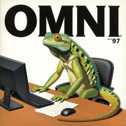 1979 OMNI Magazine Cover of a lizard man at a desk with a large circular window to neo-Tokyo streets behind him. in cyberpunk style by Vincent Di Fate