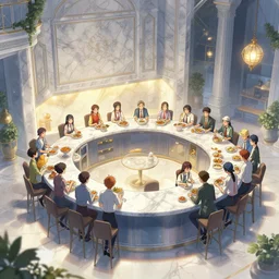 middle ground only, infinity kitchen with people being fed, in marble incrusted of legends official fanart behance hd by jesper ejsing, by rhads, makoto shinkai and lois van baarle, ilya kuvshinov, rossdraws global illumination