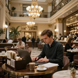 man with short brown hair working in busy cafe in a large hotel, opulent, style of edward hopper
