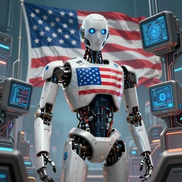 the robots revolt, in the style of norman rockwell, hyperrealistic, photorealistic, scifi illustration, 4 k, ultra hd, rendered in unreal engine 5, vibrant color, beautiful color, highly detailed, evil, award winning, computers, technology, futuristic, mechanical, circuits, american, patriotic