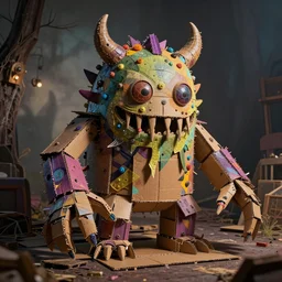 a psychedelic overly scary monster made out of cardboard