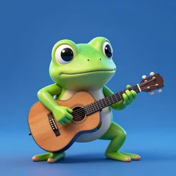 cute frog playing on guitar, digital art, blue background, modern