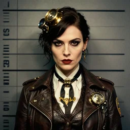 police station mugshot. fancy attire. symmetrical centered looking at viewer mugshot head portrait photograph of attractive charismatic nefarious steampunk lady crime boss dame with attitude. villainess. scary mean. grainy. norman rockwell, artgerm, greg rutkowski,, sakimichan, alphonse mucha. artstation. sharp focus. highly detailed.
