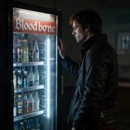A still image from the new Netflix live action adaptation 'Bloodborne', wide shot, a hunter ponders a soda machine