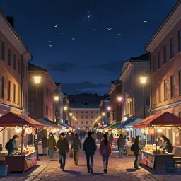 ultra realistic illustration and highly detailed digital render of a intricate busy street inside helsinki, finland, 2 0 2 2, by greg rutkowski and makoto shinkai, nighttime, dark sky, twinkly stars, amazing sky, migrating birds in the sky, colorful street lamps along road, natural stone road, asian style vendorsf