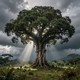giant amazonian tree in a storm, god rays, surrealist, dmt, dmt, 5 meodmt, blissful landscape, mother ayahuasca, sacred, by christophe vacher