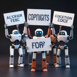 robots protesting about copyrights with signs, digital art, octane render, artstation
