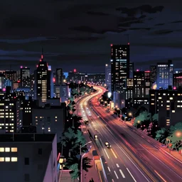 city hightway in the atmospheric cyberpunk anime film, gouache matte background painting, neon noir, at night with lights, by makoto shinkai, in the anime series ergo proxy, beautiful specular edge highlights and rim lighting