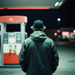 analog photograph of a man from the back wearing a raincoat and a hat in a gas station at night by mark owen. red lights. bokeh. cinematic. hq. detailed. contrast. cinestill 8 0 0 t