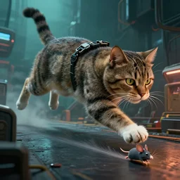 huge 🐈 hunting, by mark ryden in cyberpunk environment, 4 k ultra high resolution, cat chasing mouse, horror, long camera shot, tiny 🐭 fleeing