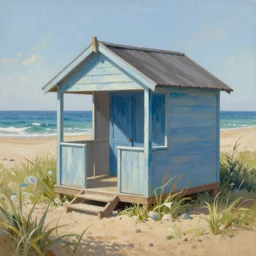 oil painting beach hut beach grass and shoreline, seascape, fantasy detailed, painted by Dan Mumford, Alena Aenami, thomas kinkade, colorful, ,4k, unreal engine,Trending on artstation,