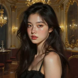 beautiful digital painting of a hoyeon jung stylish female baroque interior night with high detail, real life skin, freckles, 8 k, stunning detail, lights, shadows, volumetric lighting, works by artgerm, greg rutkowski and alphonse mucha, unreal engine 5, 4 k uhd