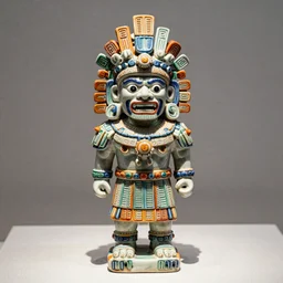 a colored porcelain statuette of an Aztec warrior, in the center of the frame, amazing craftsmanship, Tamron SP 90mm F/2.8 Di VC USD Macro