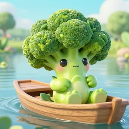 a cute and friendly broccoli - creature with beautiful eyes relaxing on a boat on the river, fantasy style, 4 k, octan render, ultrarealistic