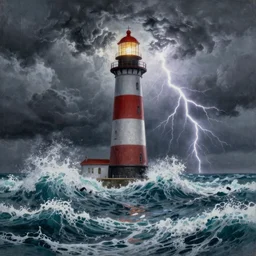 a beautiful painting by roger deakins and moebius and alphonse much and guweiz and hiroshi yoshida of a lighthouse during a storm, stormy clouds and lightnings, huge waves, epic, fantasy, high definition, cinematic shot, artstation