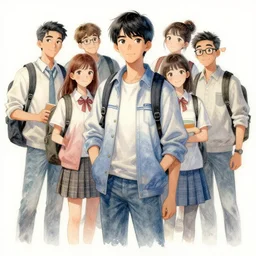 a group of university students highly detailed, digital painting, watercolor, engraving, artstation, concept art, smooth, solarpunk, sharp focus, manga, illustration, unreal engine 5, 8 k, pixar disney