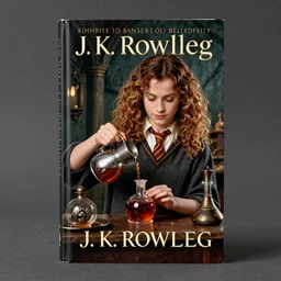 a book by j. k. rowling, the cover art is an image of hermione granger brewing a potion