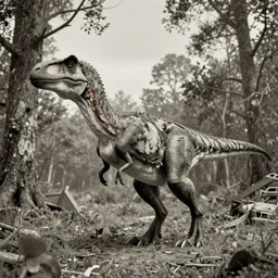hyper realistic vintage photograph of a real feathered velociraptor in a forest, ultra detailed, grain, old, monochrome, sepia toned, realistic lighting, wide angle, prehistoric planet