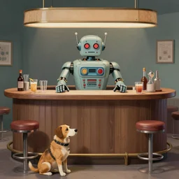 ( ( ( ( ( 1 9 5 0 s retro future robot android bartender behind a bar dog. muted colors. ) ) ) ) ) by jean - baptiste monge!!!!!!!!!!!!!!!!!!!!!!!!!!!!!!