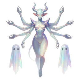 a fantasy Bright iridescent ghost demon with four arms character design sheet, trending on artstation