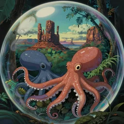 hyperrealist, studio ghibli dull colors portrait from close encounters of the third kind 1 9 7 7 of two multi - colored octopi scientists swaying in a jungle bubble monument valley stonehenge.