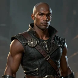 An epic fantasy comic book style portrait painting of a young dark skinned thief with broad shoulders and a bald head in a vest in the style of the wheel of time in the style of the wheel of time, unreal 5, DAZ, hyperrealistic, octane render, cosplay, RPG portrait, dynamic lighting