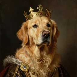 portrait painting of noble king golden retriever, proud look, dressed like ancient king, wearing crown, dramatic lighting, epic painting, rembrandt van rijn
