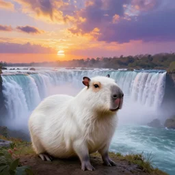 white capybara at niagra falls, surreal photography, sunrise dramatic light, impressionist painting, colorful clouds, digital painting, artstation, kilian eng, john harris, bastien lecouffe - deharme, simon stalenhag, flower face