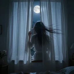 someone or something is hiding in the curtains in my bedroom in the moonlight and when the wind blows i can briefly see whatever it is, dramatic lighting, artstation