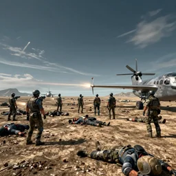 planetside 2 on the battlefield, bullets everywhere, dead bodies on the ground »