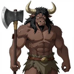 bull man barbarian wearing a tattered loincloth with an giant axe, fursona, furry art, anthro, detailed dark brown fur, detailed long black hair, big horns, scars, anime key visual, portrait, makoto shinkai