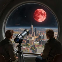 a view through a telescope of a distant city on a red moon in space, david a hardy, lucien rudaux, trending on artstation, hyper detailed science fiction painting, digital art