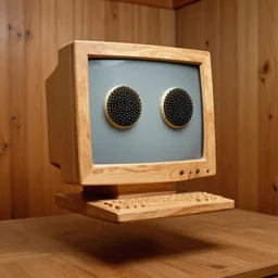 realistic photo portrait of the a sculpture of a computer of wood, eyes made of caviar poorly designed in style of arte povera, fluxus, dadaism, joseph beuys, ugly made, low quality, nonprofessional, by man ray levitating in the wooden room 1 9 9 0, life magazine reportage photo