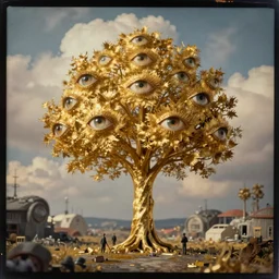 golden hour, tilt shift, 1 9 1 2 wwi, golden tree made of! eyes, thick clouds behind, film still 3 5 mm, colorized tintype photo, dystopian environment, intricate, highly detailed, painting, artstation, concept, smooth, sharp focus, illustration, artgerm, by zdzisław beksinski