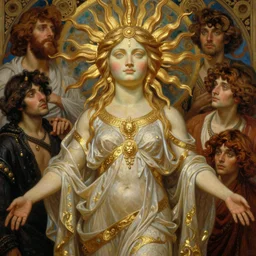 hyper realistic painting of goddess with face like the sun, gold ornaments, flowing fabric, intrincate detail, detailed faces by wayne barlowe, gustav moreau, goward, gaston bussiere and roberto ferri, santiago caruso, and austin osman spare, ( ( ( ( occult art ) ) ) ) bouguereau, alphonse mucha, saturno butto