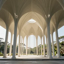 inside small organic pavilion. complex vaulting structure, thin columns.. architectural photography. coronarender, 4 k, 8 k. volumetric lighting.