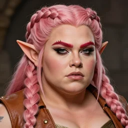 fantasy character portrait photo. female dwarf. short, broad, extremely swole, jacked. broad face resembles cara delevingne but very squat. wide face, androgynous but pretty. elaborately braided orangepink hair. long sidebuns, downy cheeks. thick bushy groomed red eyebrows with multiple piercings. tan leather vest, bare bodybuilder shoulders. kohl, lipgloss