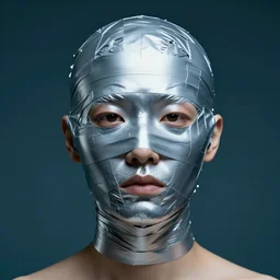 an intense studio portrait of a human head completely wrapped in silver duct tape. dark cyan backdrop.