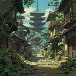 animation concept art, Breath of the wild + studio ghibli style, Shinkai Makoto, yoji shinkawa, amazing steampunk alleyway between Japanese temples of Kyoto, mysterious, lush vegetation and fern, rule of thirds, dramatic lighting, landscape, beautiful, gorgeous, hyper detail, 8k, octane render, animated art, cinematic, trending on artstation