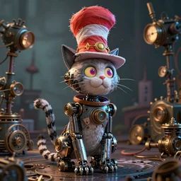 complex 3 d render, hyper detailed, ultra sharp, robot cat in the hat, scary, neon, cinematic, steampunk, natural soft light, rim light, octane render, artstation, art by artgerm and greg rutkowski and alberto seveso, dr seuss
