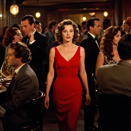 a movie still of film noir jazz bar, crowds of people, she arrived in a red dress, cinematography john alton, burnet guffey, john seitz.