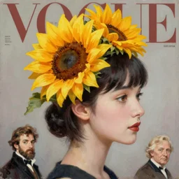 sunflower tiara, korean audrey hepburn, vogue magazine, anime, greg rutkowski, john singer sargent, trending on artstation, oil painting, side profile portrait, looking right, intricate