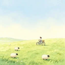 landscape, a girl on a bicycle, sheep, gentle gradients, bright pastel watercolour and pen, by shomei yoh